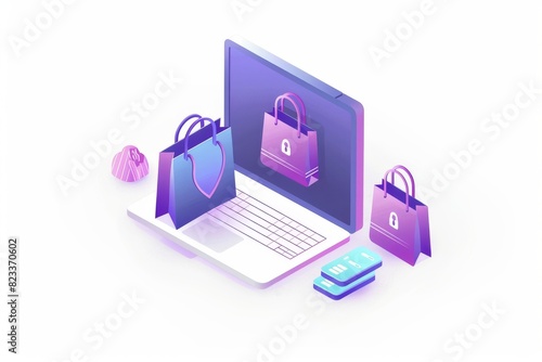 Secure online shopping with laptop and shopping bags, digital marketing, and e commerce illustration, colorful vector design