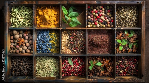 Close-up of a wooden box filled with various colorful spices and herbs, detailed textures and vibrant hues, perfect for culinary advertising