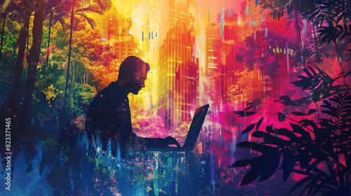 An abstract depiction of a businessman wearing a suit, seated at a computer in the middle of a forest, with vibrant colors and surreal elements blending nature and technology © Yotsaran