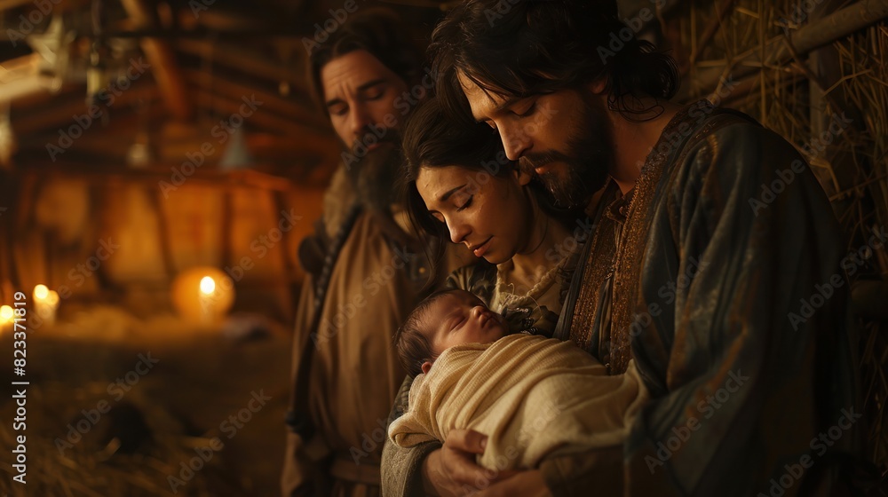 An old barn's interior had dim lamps and soft starlight. Mary holds her newborn son, Jesus. while Joseph stood beside them His expression was one of deep fear and happiness.