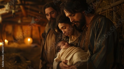 An old barn's interior had dim lamps and soft starlight. Mary holds her newborn son, Jesus. while Joseph stood beside them His expression was one of deep fear and happiness. photo