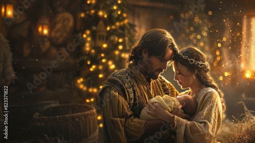 An old barn's interior had dim lamps and soft starlight. Mary holds her newborn son, Jesus. while Joseph stood beside them His expression was one of deep fear and happiness.