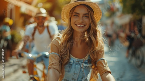 A young woman with a wide smile dons a hat and a denim outfit, enjoying a sunny day in a vibrant city street