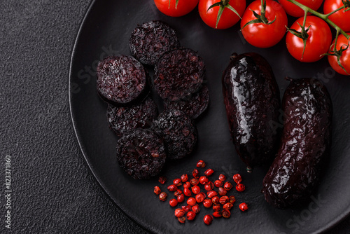 Delicious black blood sausage or black pudding with spices