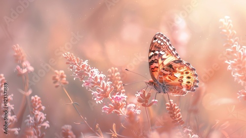 Butterfly on a pink flower in a summer meadow for floral or nature themed designs