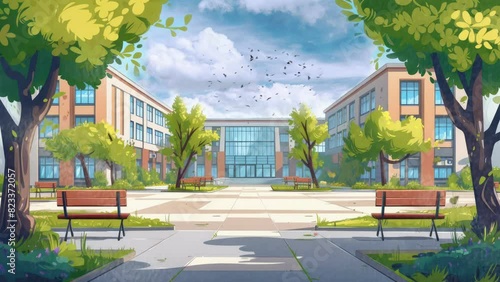 beautiful school building view bakcground. Cartoon or anime watercolor digital painting illustration style. seamless looping 4k video animation background. photo