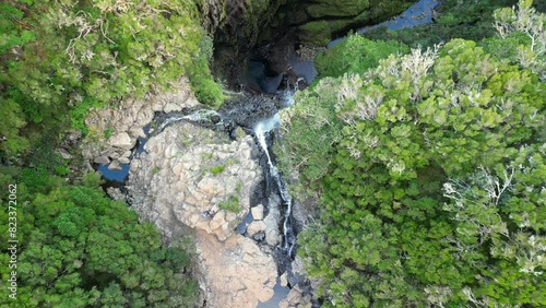 Top down drone shot of Risco Waterfall located in Rabacal, Paul da Serra, Madeira Island, Portugal photo