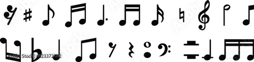 Set of Musical key page symbols with treble clef in trendy black Fill styles. Musician splash effect signs business concepts. Note music icons for your web sites isolated on transparent background.