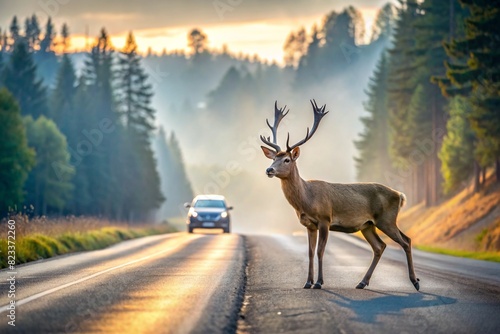 A traffic accident. The animal is a deer on the road near the forest in the early morning. Dangers on the road, wildlife and the car.
