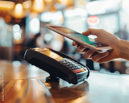 A person is using a mobile device to pay for something at a store. The device is connected to a payment terminal, which is also connected to a credit card reader