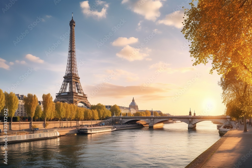 Fototapeta premium View of the Eiffel Tower and the River Seine at dawn in Paris, France. Spring landscape.