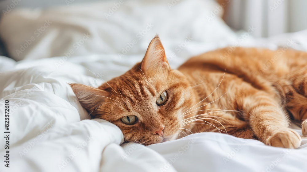 Curious ginger cat is lying in bed, Fluffy pet is relaxing on white linen, Funny domestic animal ,Beautiful ginger maine coon cat lying on white background, close up
