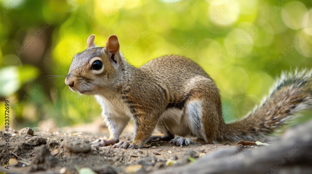 A close up shot of a cute, small grey squirrel on the forest green background, Portrait of fox squirrel ,Squirrel on a log in the forest,Close portrait of squirrel in the forest
