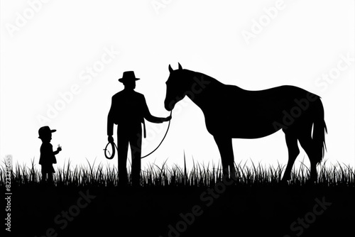 A man and child silhouette with hourse, man holding horse roop