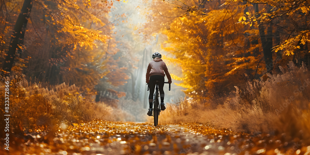 Male mountainbiker rides bicycle in the forest with bright sun at sunset