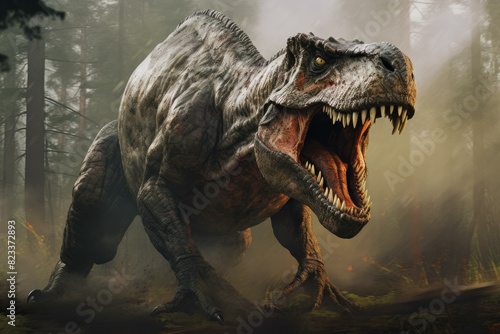 Fierce Shooting tyrannosaurus rex animal. Powerful dangerous creature from prehistoric period. Generate ai photo