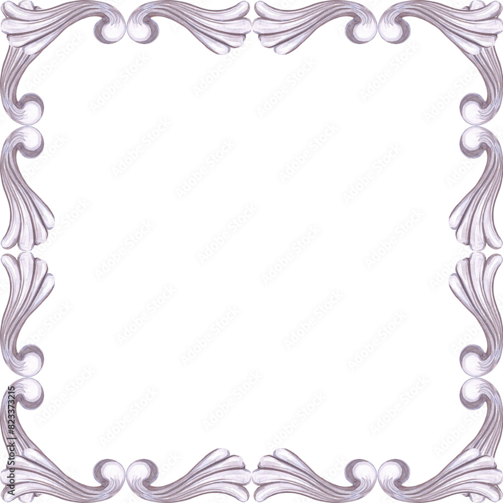 Hand drawn watercolor vintage ornament frame border. Baroque illustration isolated on white background. Can be used for cards, label and other printed products.