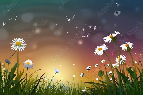 Vector nature background with chamomiles and dandelions. Generative AI 