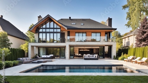 This is a picture of a two-story house with a pool behind it. The house is brown and gray, and has a lot of windows. The pool is blue and is surrounded by a concrete patio. There are some trees and bu