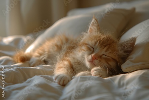 Sleepy kitten sleeping on bed with pillow, high quality, high resolution
