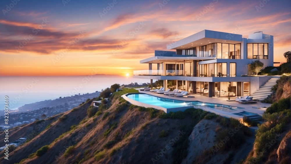 There is a modern house with a pool and large windows overlooking the ocean. The sky is a gradient of purple, pink, and yellow.

