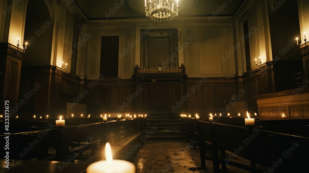 Candles in a dark wooden church interior for religious or spiritual events