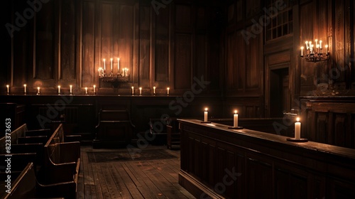 Candles in a dark wooden church interior for religious or spiritual events