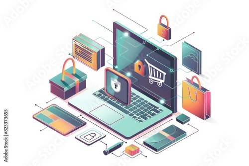 Secure e commerce with digital transactions and shopping bags, technology and online shopping concept, vector illustration with vibrant colors