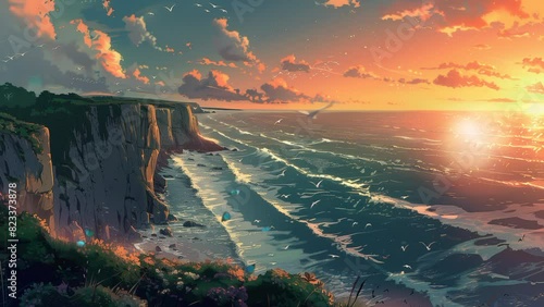 High cliffs by the sea with waves crashing hard, seagulls flying, and views of the sunset in the distance. seamless looping time lapse animation video background 
 photo