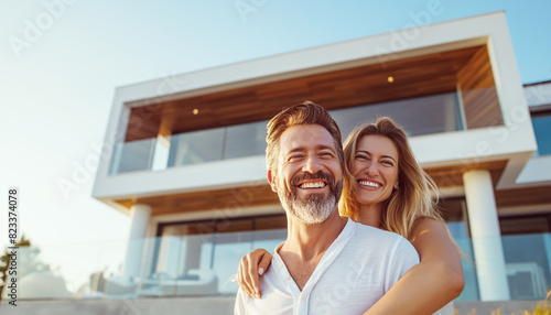 Happy caucasian couple happy warmly smiling and hugging Together in Front of their new modern Home. Architectural buildings, Moving, rental real estate, bank mortgages, Family togetherness concept. photo