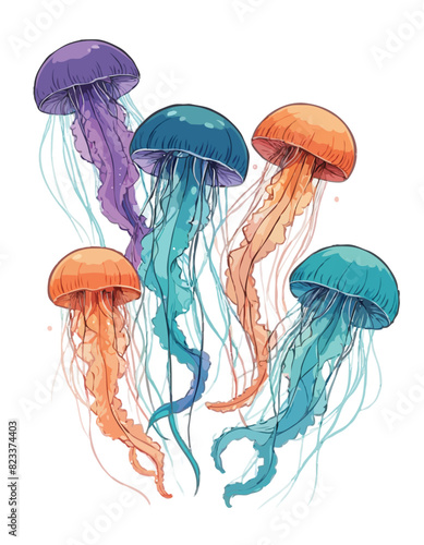 Vector illustration of colorful jellyfish on a white background.