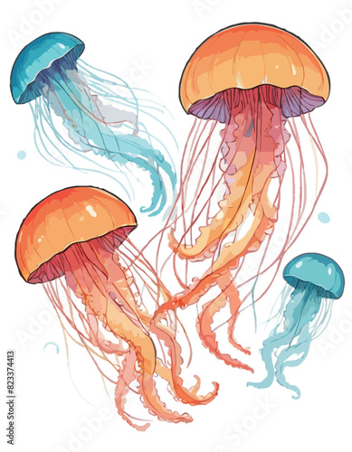 Vector illustration of colorful jellyfish on a white background.