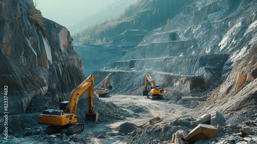 Multiple yellow excavators operating on different terraces of a large, rocky quarry under clear skies, emphasizing scale and industrial power. photo