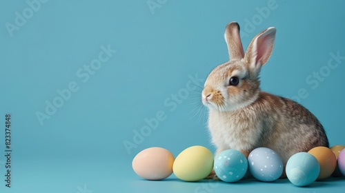 The concept features a cute little bunny rabbit seated amidst a collection of vibrant and colorful painted eggs, creating a heartwarming scene, Cute little brown rabbit ,copy space.