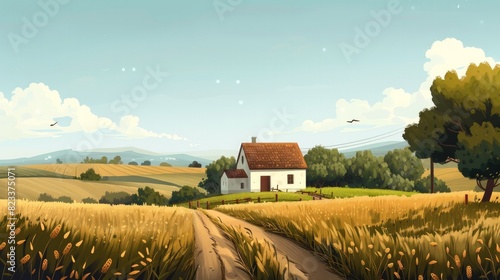Illustrate a peaceful countryside scene with a farmhouse and fields. --ar 16:9 Job ID: 2952626f-4618-4761-8853-8002d39db3ff