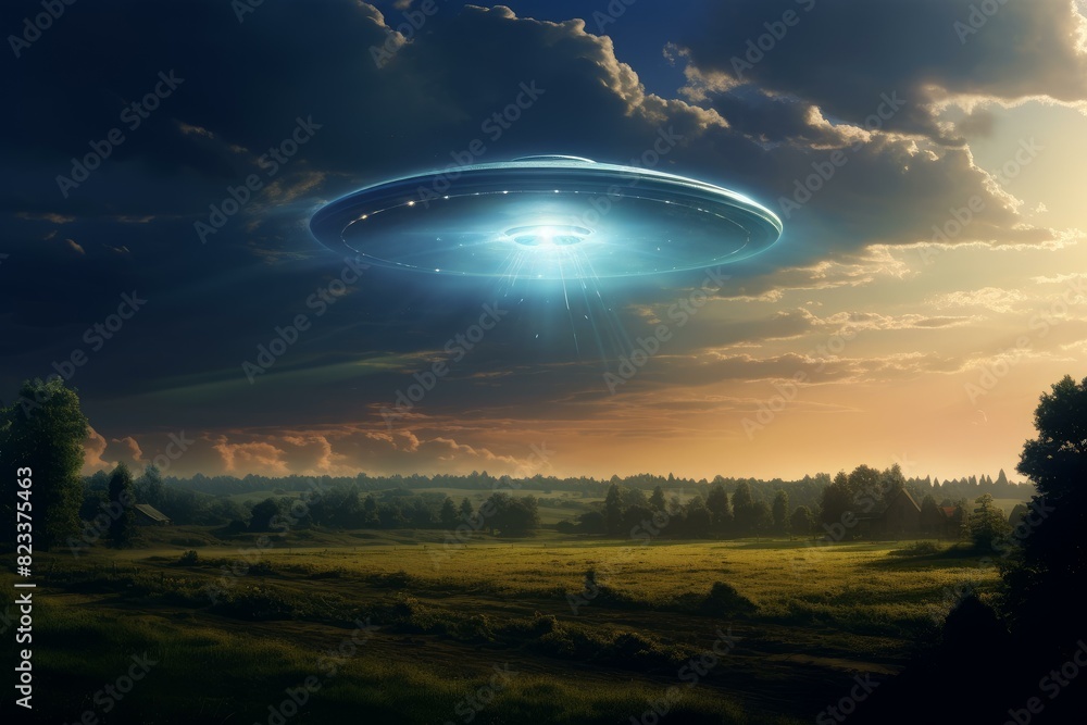 Serene landscape with a mysterious ufo illuminated by the setting sun's radiant glow