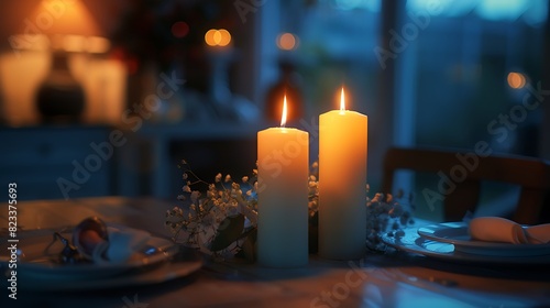 Two candles burning brightly on a dinner table set for two  with a blurred romantic ambiance in the background