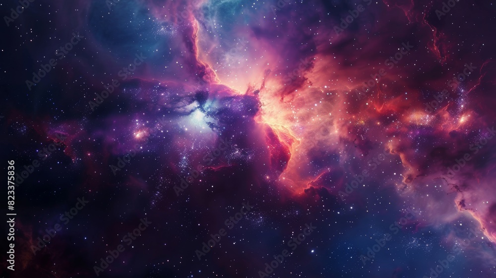 Naklejka premium Beautiful abstract space nebula, interstellar journey through the cosmos, bright and colorful, ideal for education and appreciation of astronomy