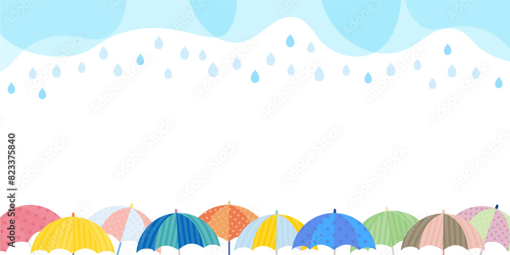 雨に濡れるカラフルなたくさんの傘のベクター背景画像