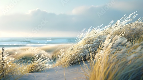 Soft grasses swaying in the breeze near a tranquil ocean shore