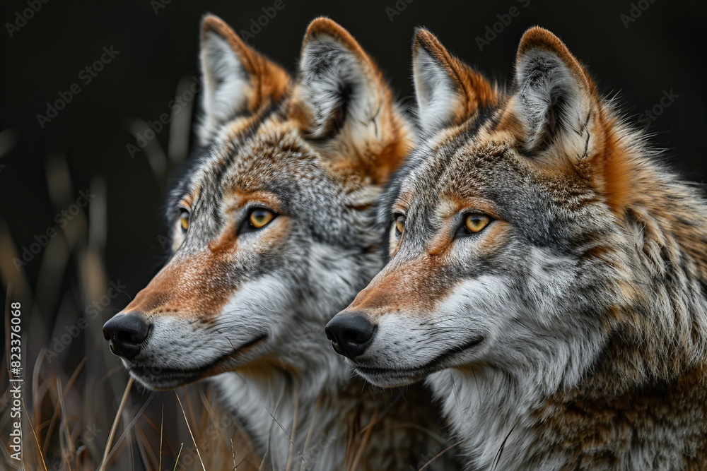 Digital image of two wolf faces up close on a black background, high quality, high resolution