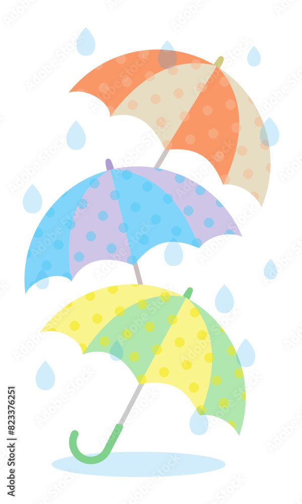 雨に濡れるカラフルなドット模様の傘のベクター風景画像
