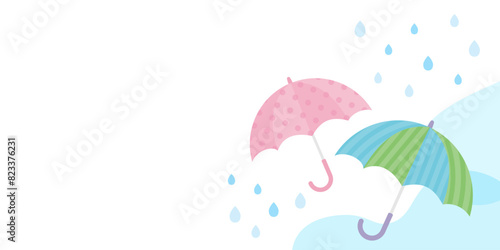 雨に濡れるピンクと緑と青の傘のベクター背景画像