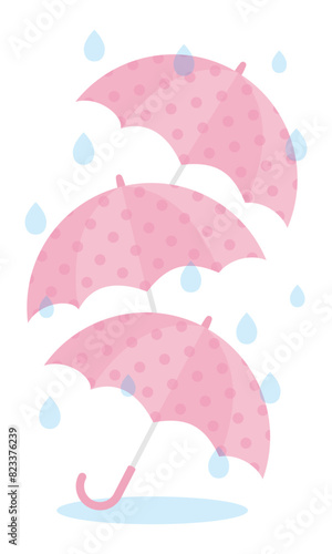 雨に濡れるピンクのドット模様の傘のベクター風景画像