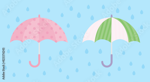 雨に濡れるピンクと緑と青の傘のベクター風景画像