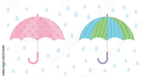 雨に濡れるピンクと緑と青の傘のベクター風景画像