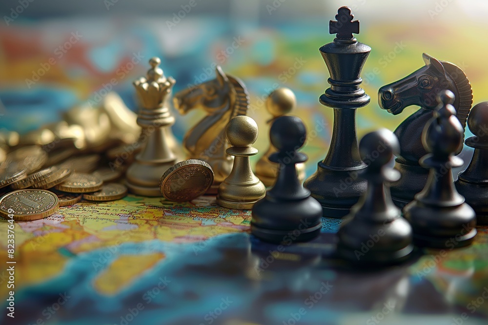 Fototapeta premium chess game on earth map symbol for economic strategy by generative ai