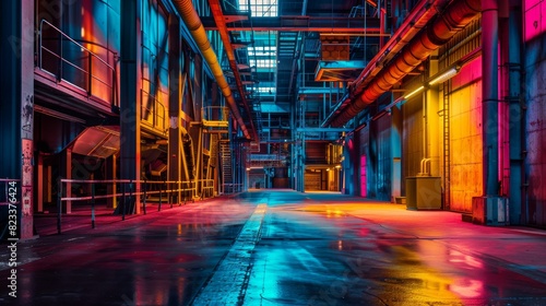 Colorful abandoned factory interior for industrial or cyberpunk themed designs