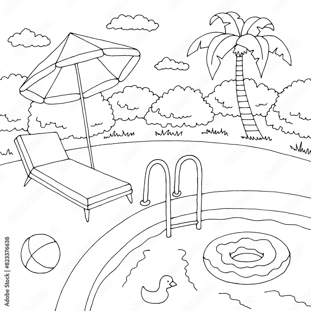 Swimming pool graphic black white landscape sketch illustration vector ...
