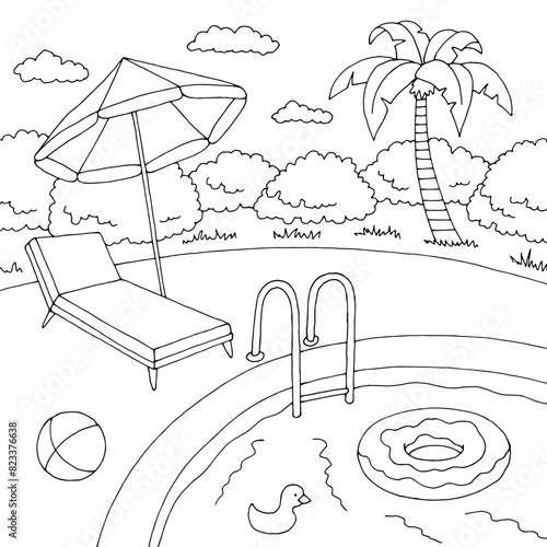 Swimming pool graphic black white landscape sketch illustration vector 